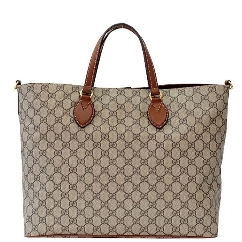 Gucci Beige GG Supreme Tote with Brown Leather Handles